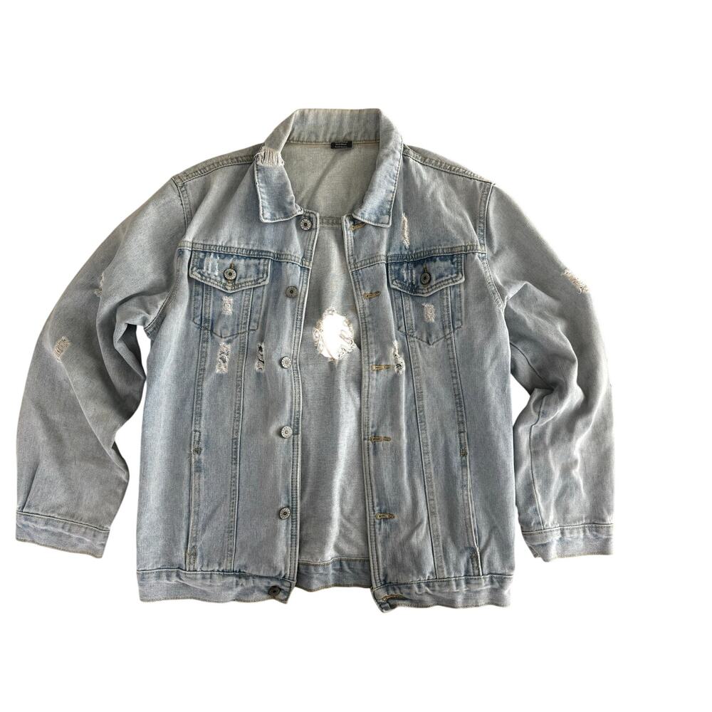 womens judy bridal distressed denim jacket- light wash oversized trucker